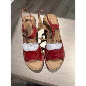 Naturalizer Martha Sandals Red Leather Wedge Heels Shoes Clogs Buckles Sz 5M